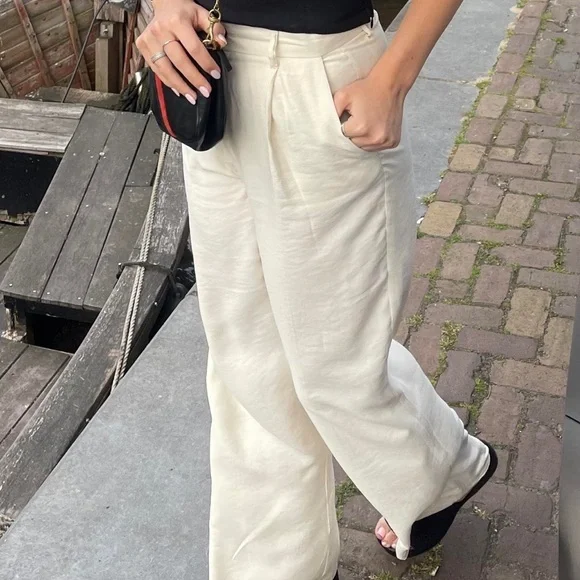 Zara Cream Linen Blend Pants Trousers Size Large - Picture 4 of 7